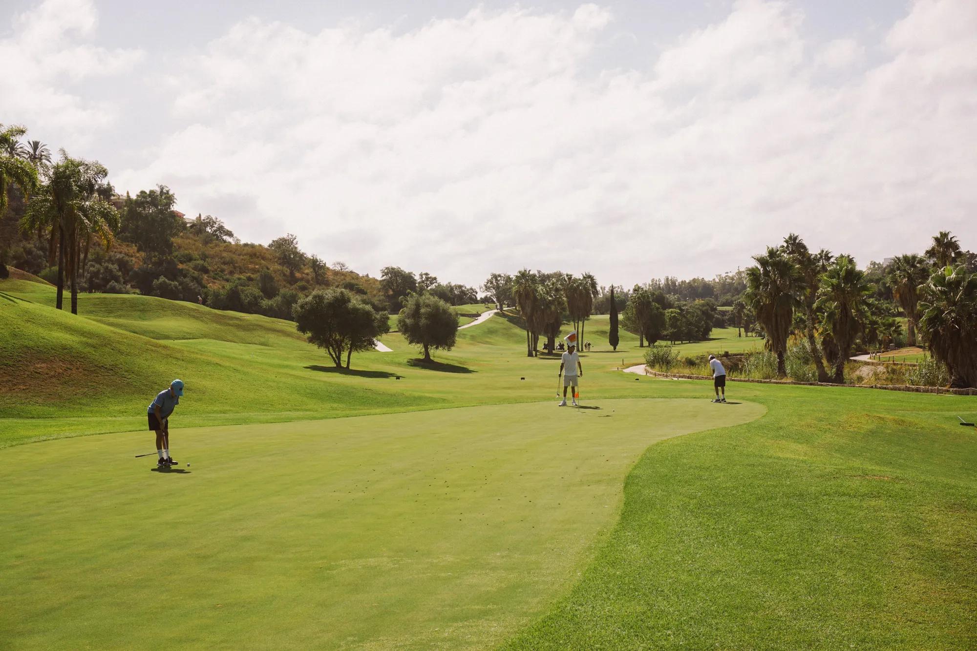 three golf players putting on a green